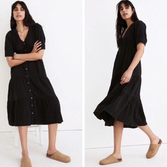 Madewell Dresses & Skirts - Madewell Black Cotton Gauze Lightspun Button-Front Tiered Midi Dress Pockets 4